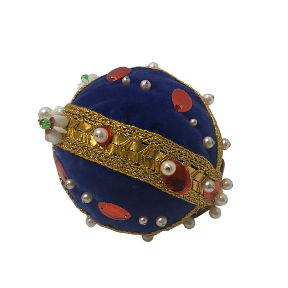 VTG Push Pin Blue & Gold Velvet Faux Pearl Beaded Christmas Ornament Fancy